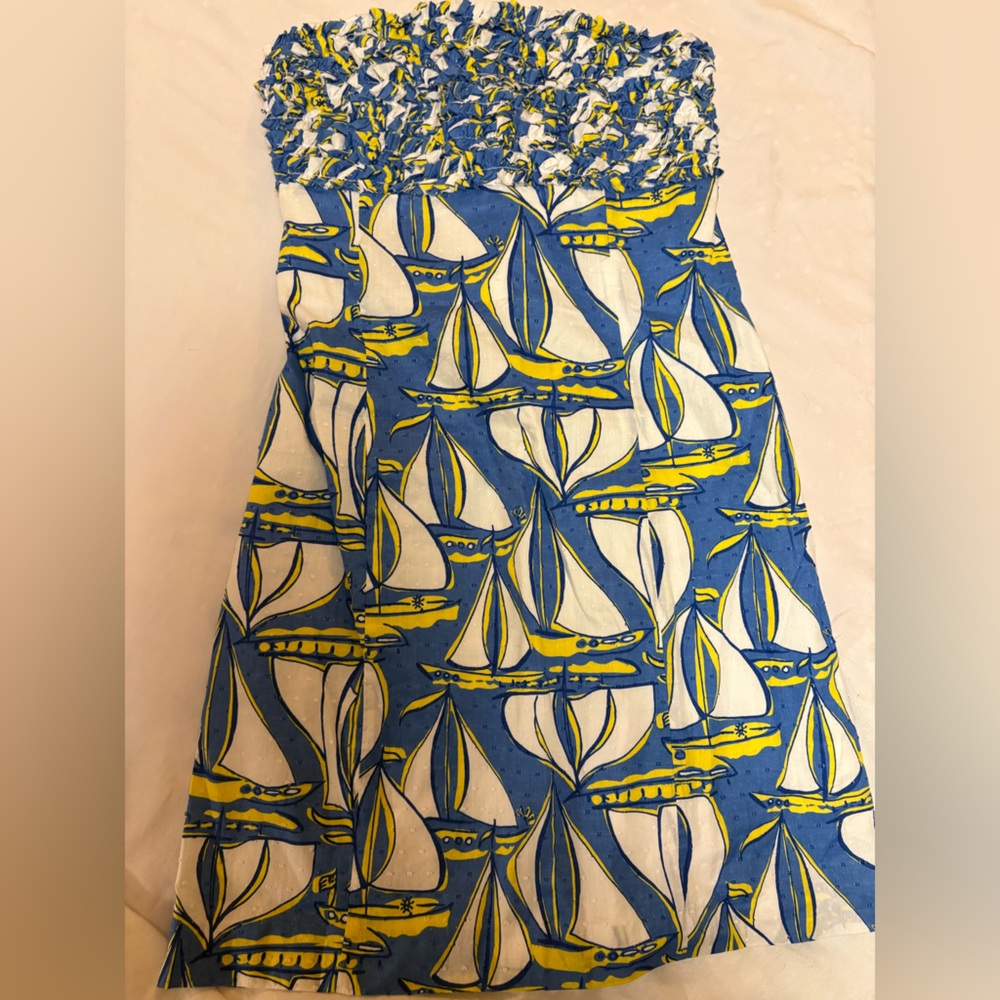 Lilly Pulitzer Strapless Sailboat Print Mini Dress — Blue, White & Yellow - Picture 2 of 5